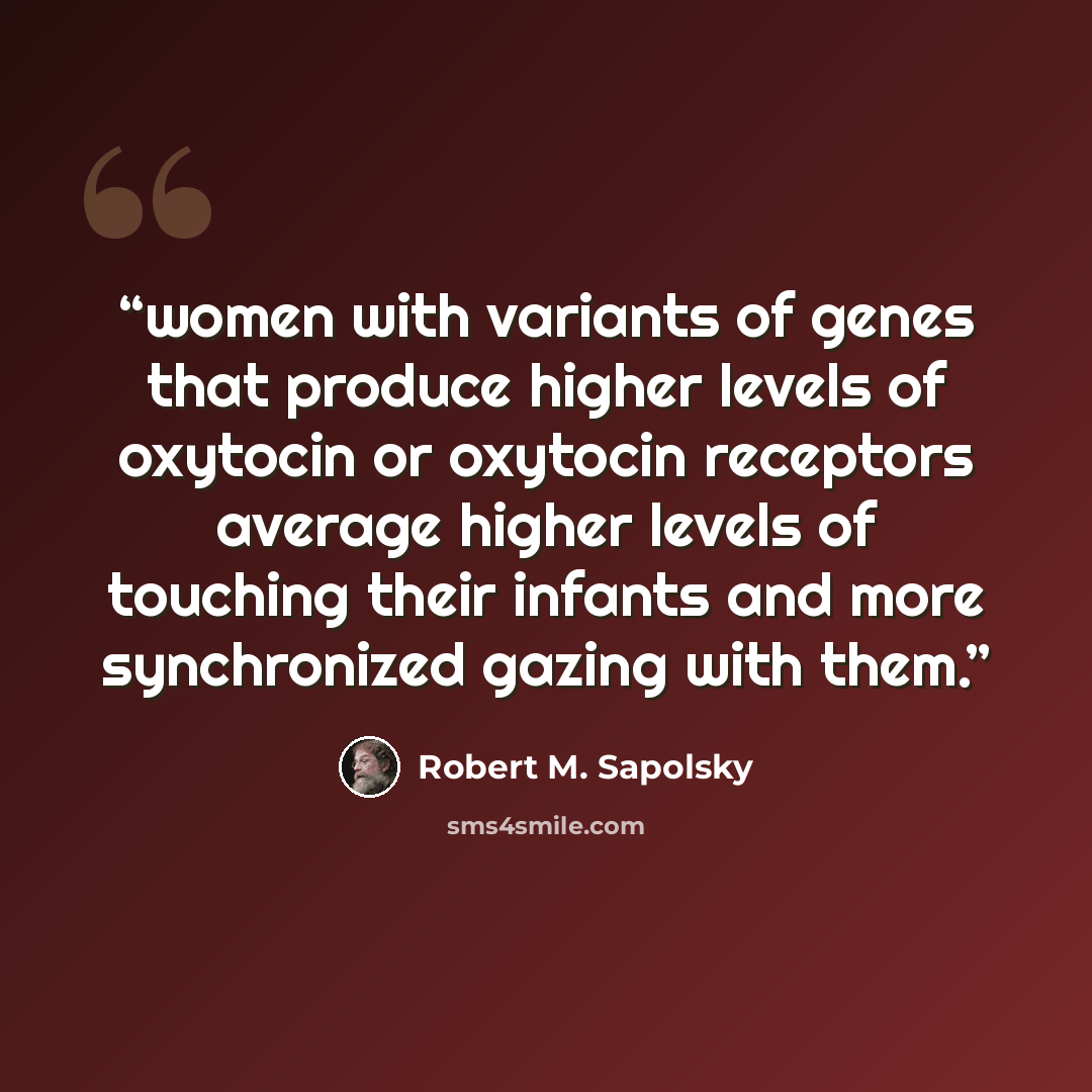 “women with variants of genes that produce higher levels of oxytocin or oxytocin receptors average higher levels of touching their infants and more synchronized gazing with them.” quote by Robert M. Sapolsky
