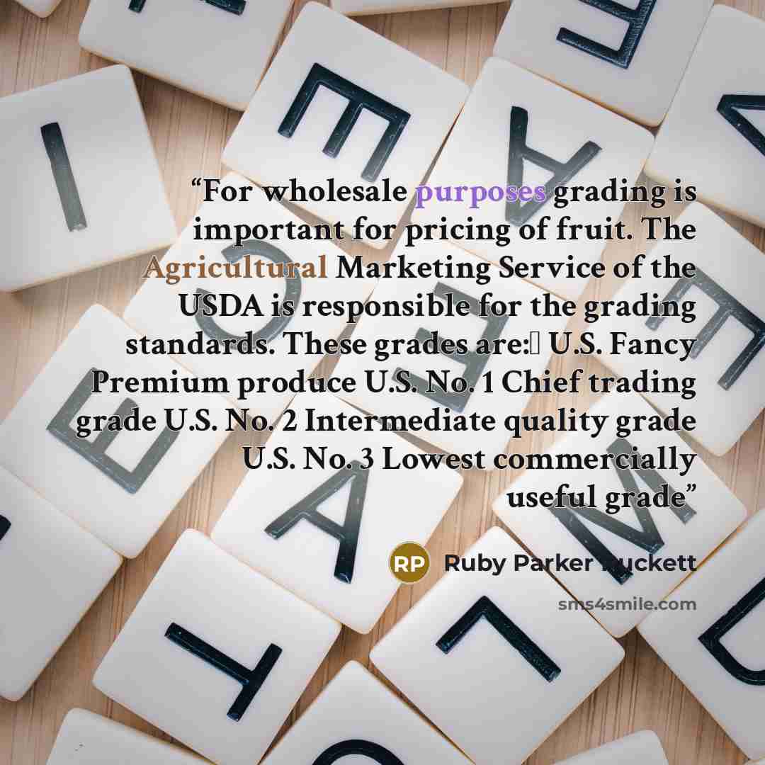 “For wholesale purposes grading is important for pricing of fruit. The Agricultural Marketing Service of the USDA is responsible for the grading standards. These grades are:Δ U.S. Fancy Premium produce U.S. No. 1 Chief trading grade U.S. No. 2 Intermediate quality grade U.S. No. 3 Lowest…” quote by Ruby Parker Puckett