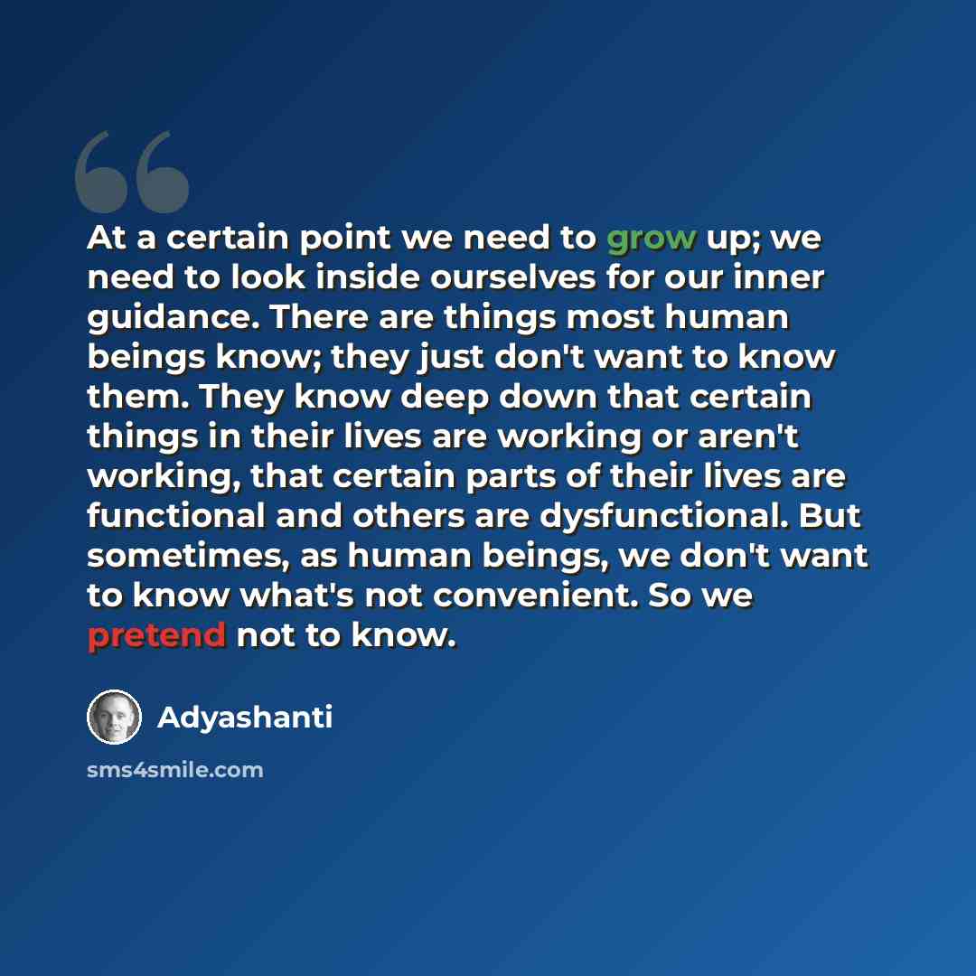 “At a certain point we need to grow up; we need to look inside ourselves for our inner guidance. There are things most human beings know; they just don't want to know them. They know deep down that certain things in their lives are working or aren't working, that certain parts of their lives are…” quote by Adyashanti