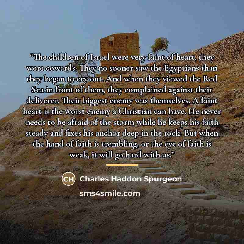 “The children of Israel were very faint of heart, they were cowards. They no sooner saw the Egyptians than they began to cry out. And when they viewed the Red Sea in front of them, they complained against their deliverer. Their biggest enemy was themselves. A faint heart is the worst enemy a…” quote by Charles Haddon Spurgeon