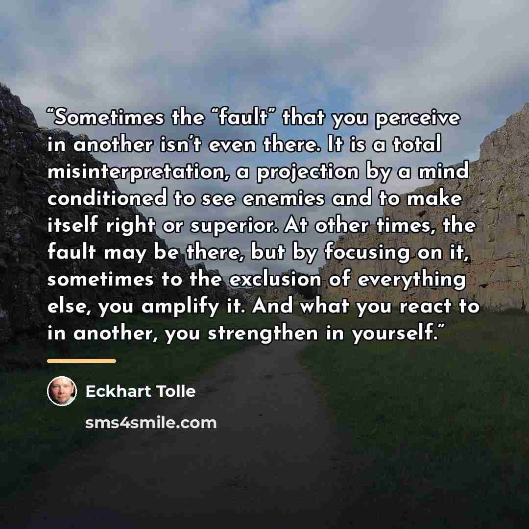 “Sometimes the “fault” that you perceive in another isn’t even there. It is a total misinterpretation, a projection by a mind conditioned to see enemies and to make itself right or superior. At other times, the fault may be there, but by focusing on it, sometimes to the exclusion of everything…” quote by Eckhart Tolle