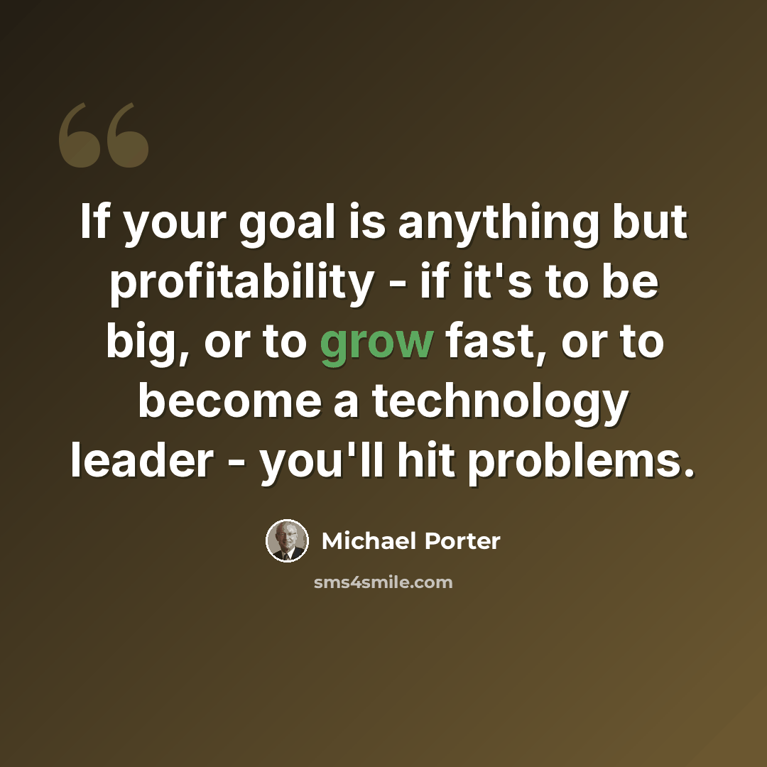 “If your goal is anything but profitability - if it's to be big, or to grow fast, or to become a technology leader - you'll hit problems.” quote by Michael Porter