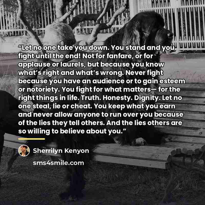 “Let no one take you down. You stand and you fight until the end! Not for fanfare, or for applause or laurels, but because you know what’s right and what’s wrong. Never fight because you have an audience or to gain esteem or notoriety. You fight for what matters— for the right things in life…” quote by Sherrilyn Kenyon