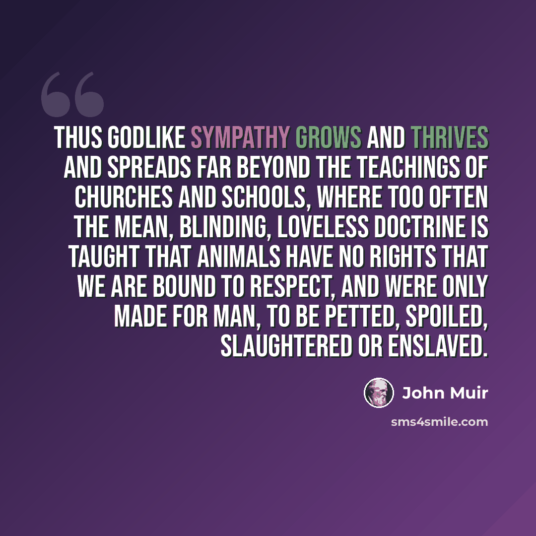 “Thus godlike sympathy grows and thrives and spreads far beyond the teachings of churches and schools, where too often the mean, blinding, loveless doctrine is taught that animals have no rights that we are bound to respect, and were only made for man, to be petted, spoiled, slaughtered or enslaved.” quote by John Muir