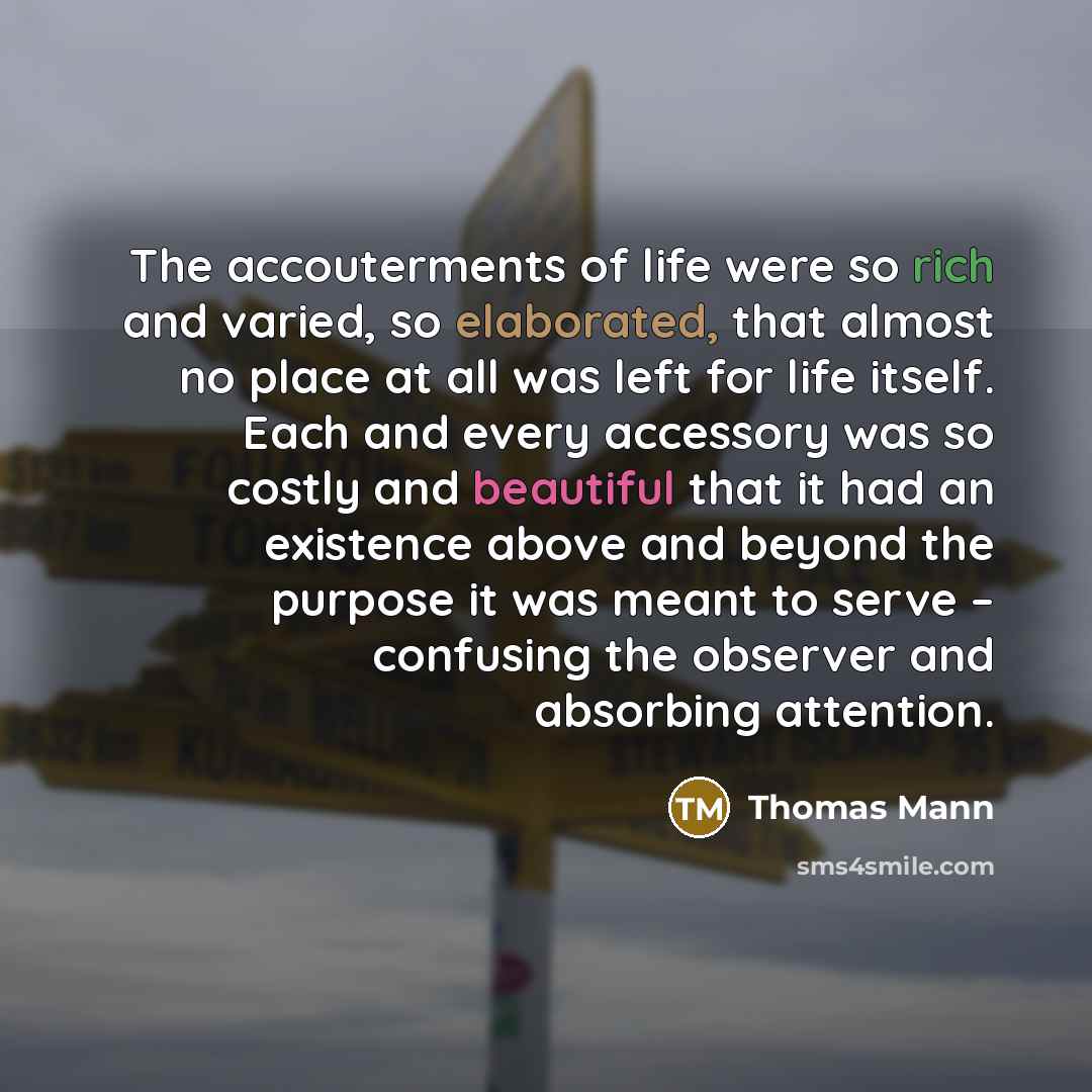 “The accouterments of life were so rich and varied, so elaborated, that almost no place at all was left for life itself. Each and every accessory was so costly and beautiful that it had an existence above and beyond the purpose it was meant to serve – confusing the observer and absorbing attention.” quote by Thomas Mann