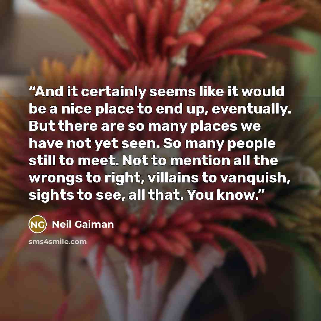 “And it certainly seems like it would be a nice place to end up, eventually. But there are so many places we have not yet seen. So many people still to meet. Not to mention all the wrongs to right, villains to vanquish, sights to see, all that. You know.” quote by Neil Gaiman