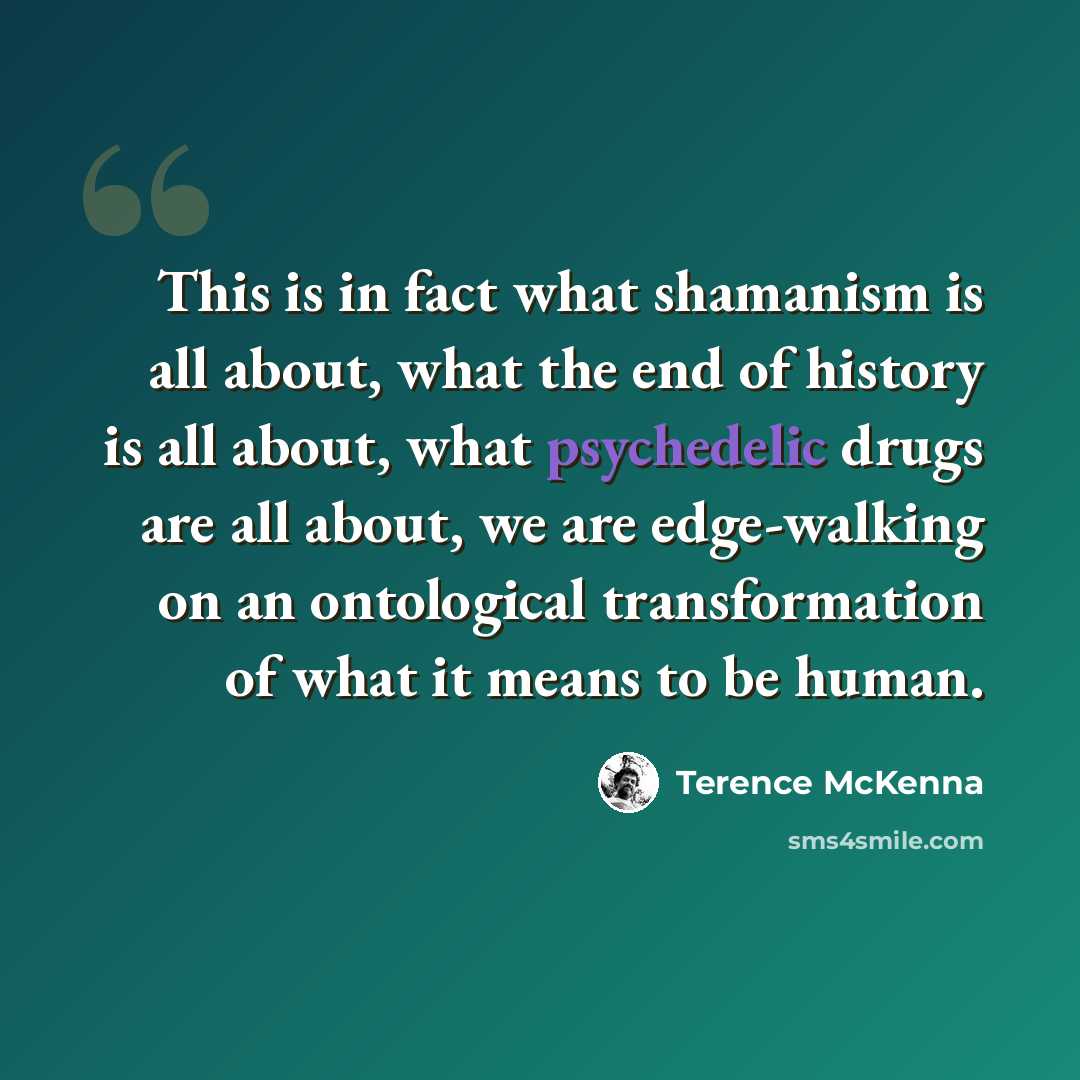 “This is in fact what shamanism is all about, what the end of history is all about, what psychedelic drugs are all about, we are edge-walking on an ontological transformation of what it means to be human.” quote by Terence McKenna
