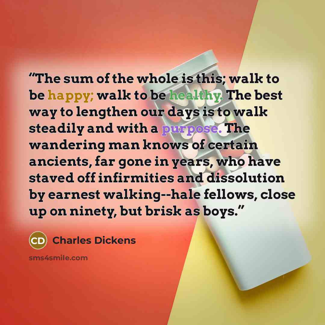 “The sum of the whole is this; walk to be happy; walk to be healthy. The best way to lengthen our days is to walk steadily and with a purpose. The wandering man knows of certain ancients, far gone in years, who have staved off infirmities and dissolution by earnest walking--hale fellows, close up…” quote by Charles Dickens