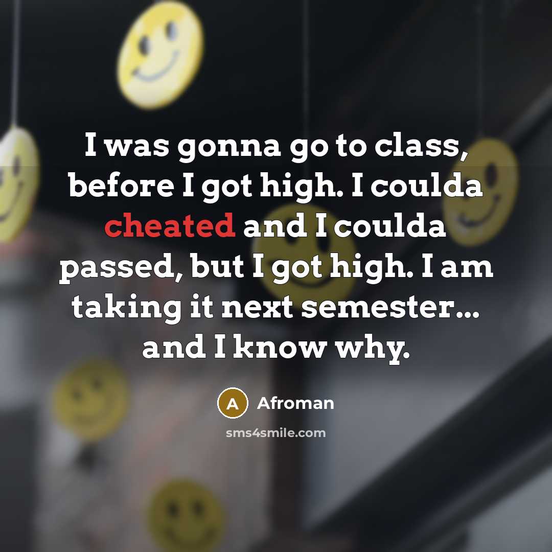 “I was gonna go to class, before I got high. I coulda cheated and I coulda passed, but I got high. I am taking it next semester... and I know why.” quote by Afroman