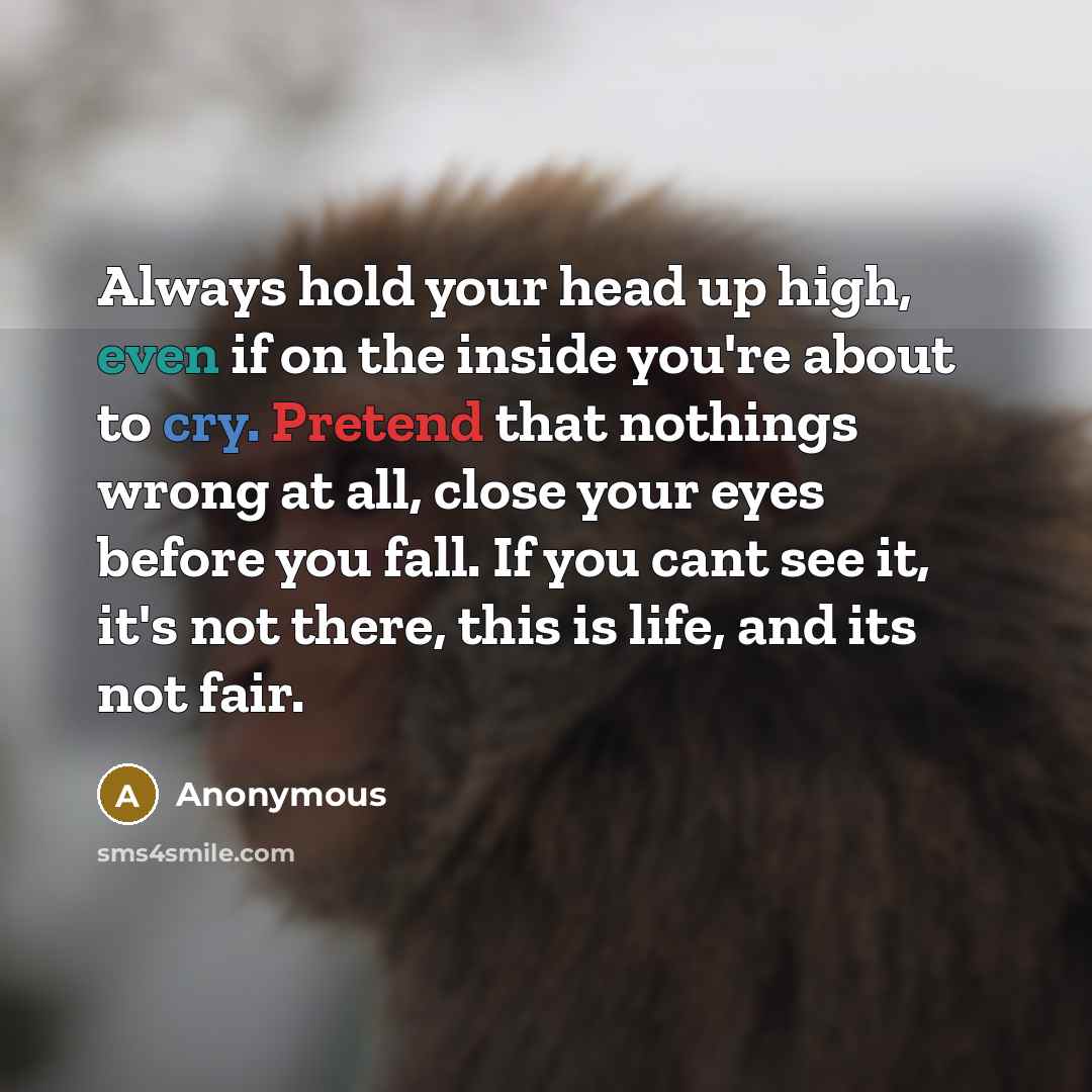 “Always hold your head up high, even if on the inside you're about to cry. Pretend that nothings wrong at all, close your eyes before you fall. If you cant see it, it's not there, this is life, and its not fair.” quote by Anonymous