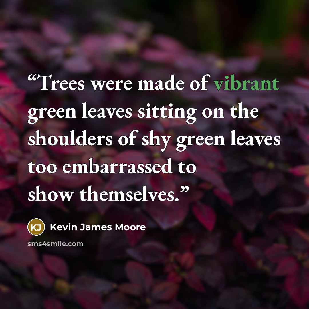 “Trees were made of vibrant green leaves sitting on the shoulders of shy green leaves too embarrassed to show themselves.” quote by Kevin James Moore