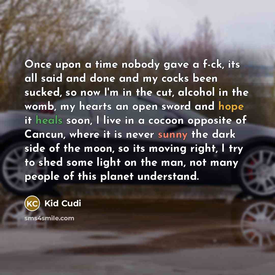 “Once upon a time nobody gave a f-ck, its all said and done and my cocks been sucked, so now I'm in the cut, alcohol in the womb, my hearts an open sword and hope it heals soon, I live in a cocoon opposite of Cancun, where it is never sunny the dark side of the moon, so its moving right, I try to…” quote by Kid Cudi