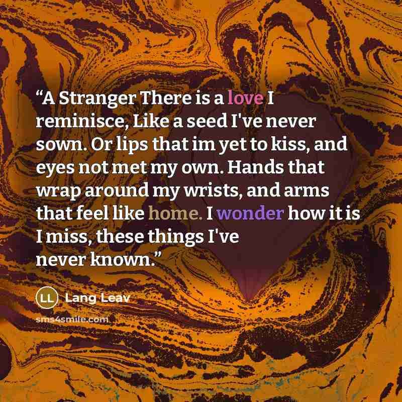 “A Stranger There is a love I reminisce, Like a seed I've never sown. Or lips that im yet to kiss, and eyes not met my own. Hands that wrap around my wrists, and arms that feel like home. I wonder how it is I miss, these things I've never known.” quote by Lang Leav