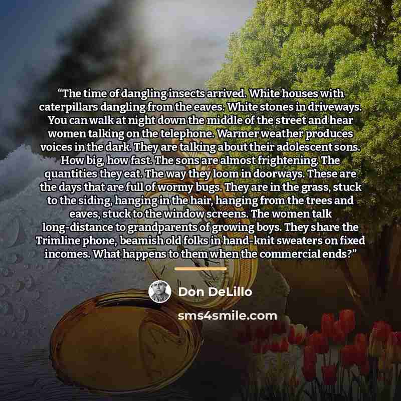 “The time of dangling insects arrived. White houses with caterpillars dangling from the eaves. White stones in driveways. You can walk at night down the middle of the street and hear women talking on the telephone. Warmer weather produces voices in the dark. They are talking about their adolescent…” quote by Don DeLillo
