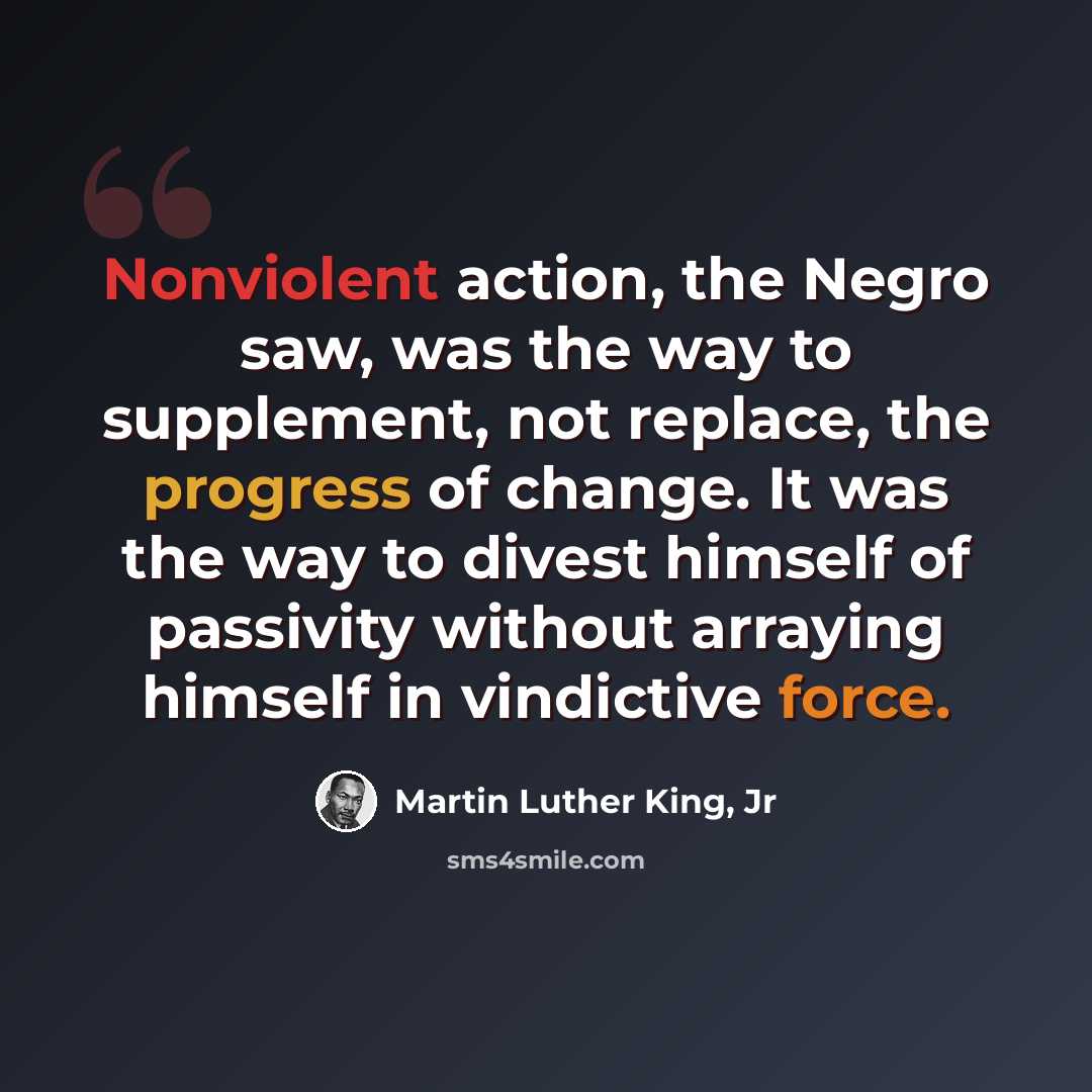 “Nonviolent action, the Negro saw, was the way to supplement, not replace, the progress of change. It was the way to divest himself of passivity without arraying himself in vindictive force.” quote by Martin Luther King, Jr