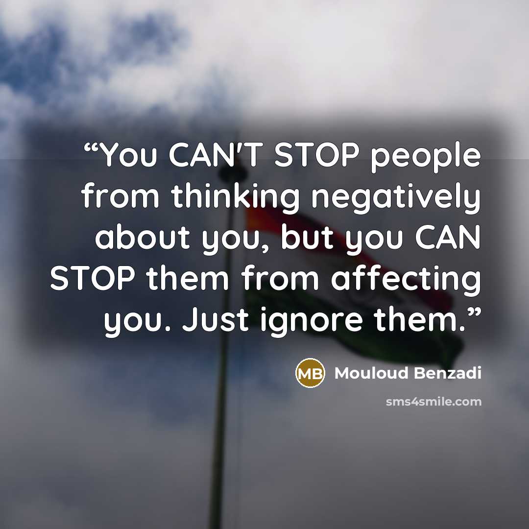 “You CAN'T STOP people from thinking negatively about you, but you CAN STOP them from affecting you. Just ignore them.” quote by Mouloud Benzadi