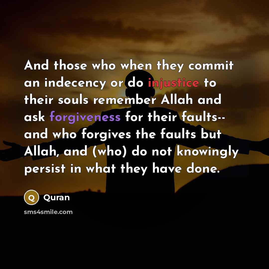 “And those who when they commit an indecency or do injustice to their souls remember Allah and ask forgiveness for their faults-- and who forgives the faults but Allah, and (who) do not knowingly persist in what they have done.” quote by Quran