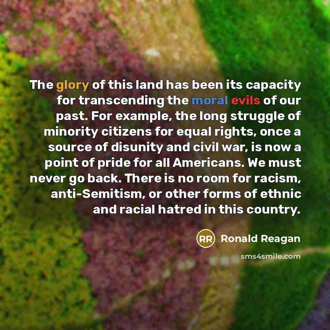 “The glory of this land has been its capacity for transcending the moral evils of our past. For example, the long struggle of minority citizens for equal rights, once a source of disunity and civil war, is now a point of pride for all Americans. We must never go back. There is no room for racism…” quote by Ronald Reagan