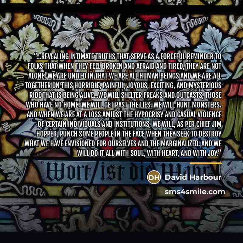 “...revealing intimate truths that serve as a forceful reminder to folks that when they feel broken and afraid and tired, they are not alone. We are united in that we are all human beings and we are all together on this horrible, painful, joyous, exciting, and mysterious ride that is being…” quote by David Harbour