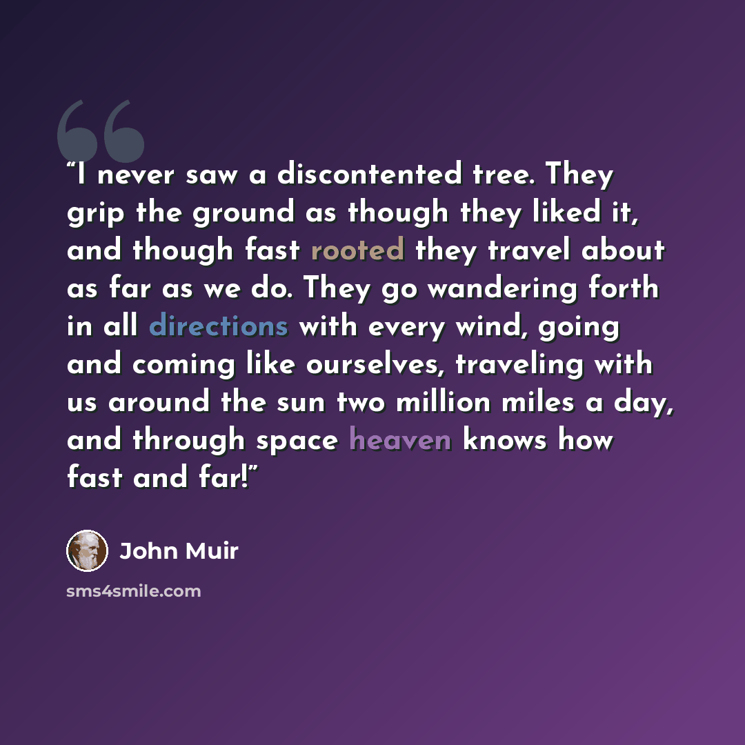 “I never saw a discontented tree. They grip the ground as though they liked it, and though fast rooted they travel about as far as we do. They go wandering forth in all directions with every wind, going and coming like ourselves, traveling with us around the sun two million miles a day, and through…” quote by John Muir