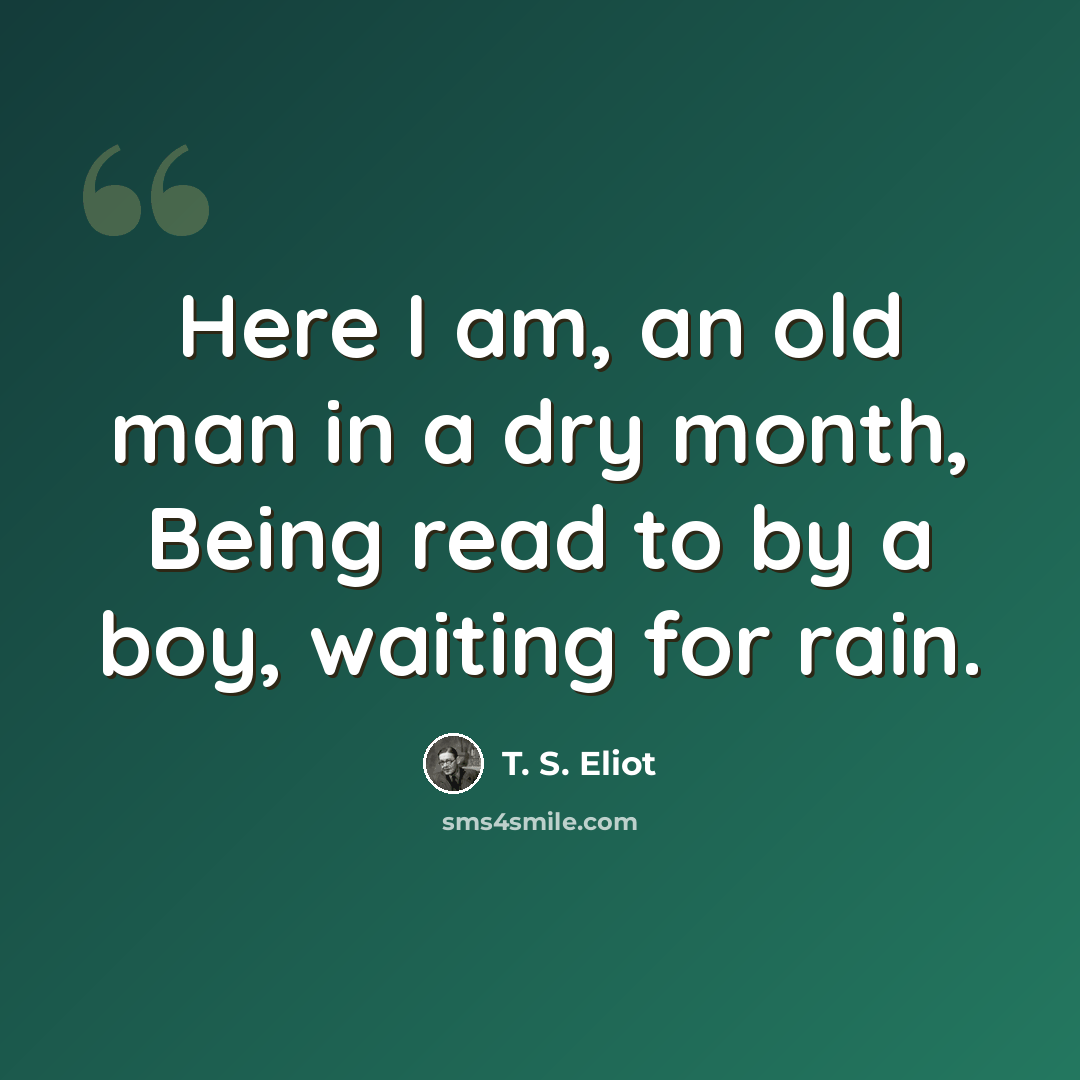 “Here I am, an old man in a dry month, Being read to by a boy, waiting for rain.” quote by T. S. Eliot
