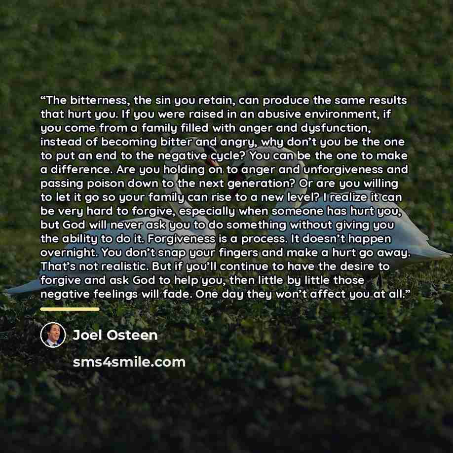 “The bitterness, the sin you retain, can produce the same results that hurt you. If you were raised in an abusive environment, if you come from a family filled with anger and dysfunction, instead of becoming bitter and angry, why don’t you be the one to put an end to the negative cycle? You can be…” quote by Joel Osteen