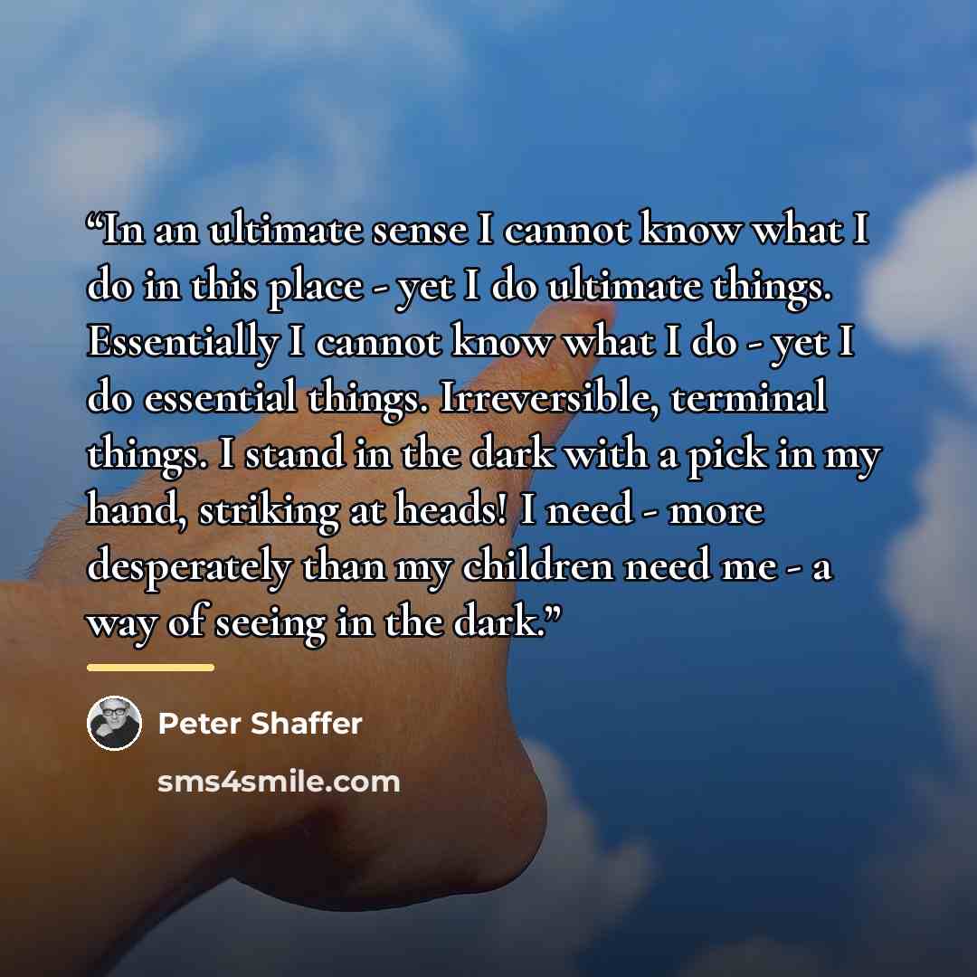 “In an ultimate sense I cannot know what I do in this place - yet I do ultimate things. Essentially I cannot know what I do - yet I do essential things. Irreversible, terminal things. I stand in the dark with a pick in my hand, striking at heads! I need - more desperately than my children need me…” quote by Peter Shaffer
