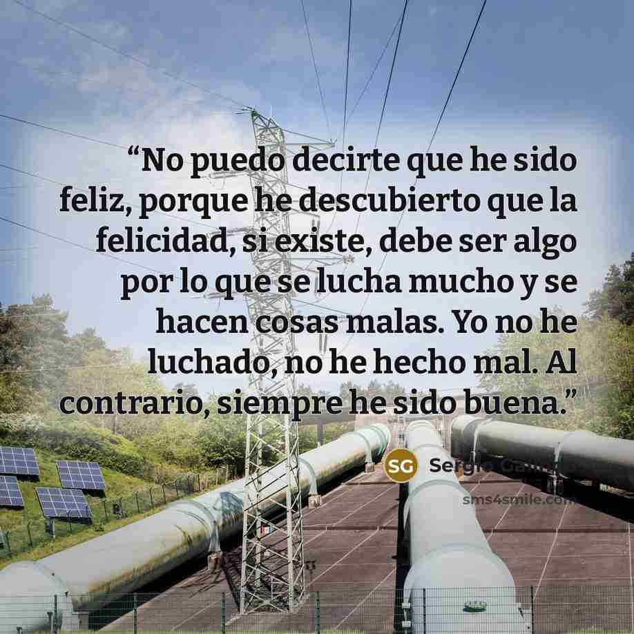 “No puedo decirte que he sido feliz, porque he descubierto que la felicidad, si existe, debe ser algo por lo que se lucha mucho y se hacen cosas malas. Yo no he luchado, no he hecho mal. Al contrario, siempre he sido buena.” quote by Sergio Galindo