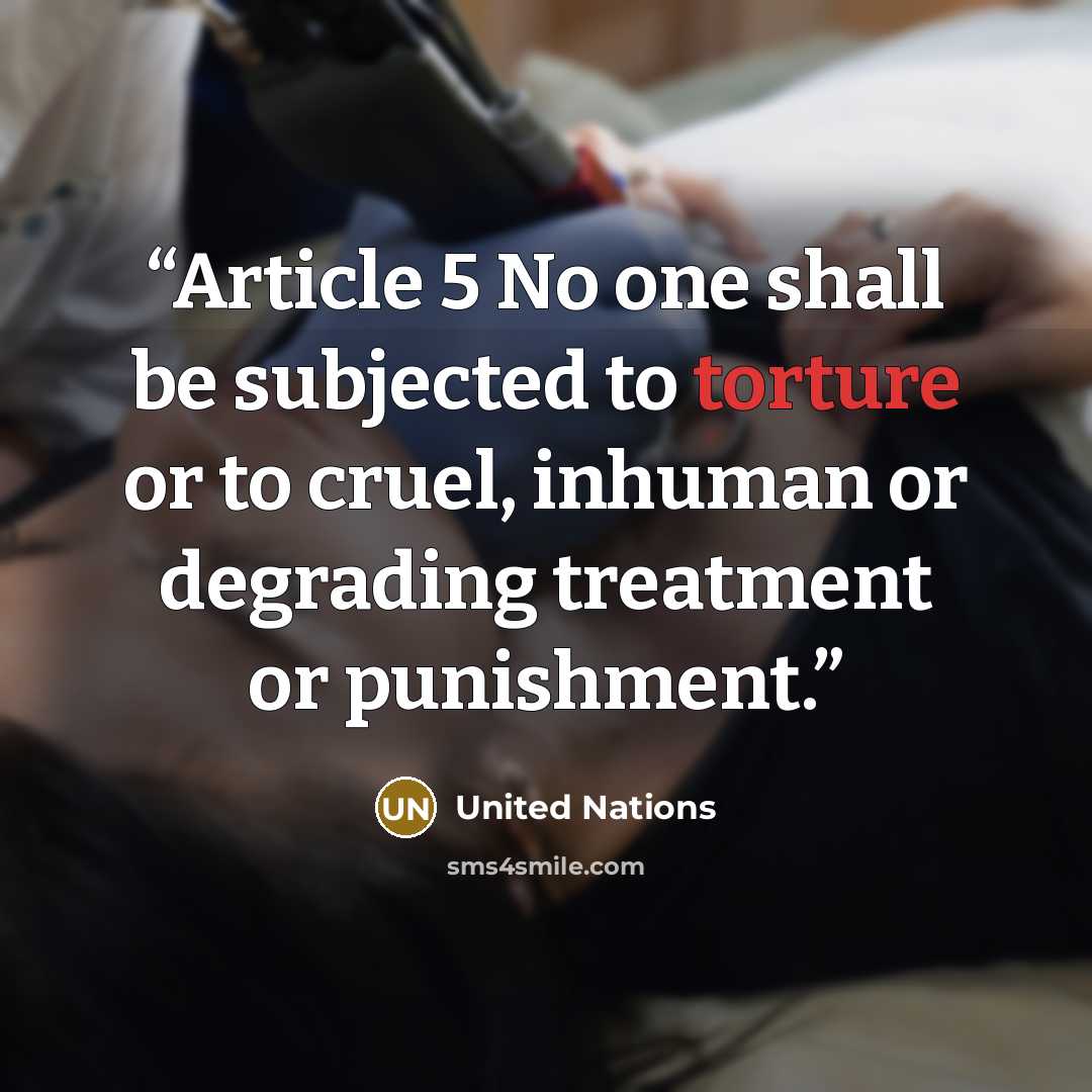 “Article 5 No one shall be subjected to torture or to cruel, inhuman or degrading treatment or punishment.” quote by United Nations