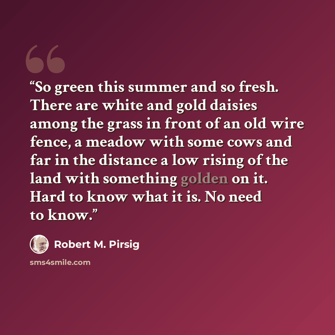 “So green this summer and so fresh. There are white and gold daisies among the grass in front of an old wire fence, a meadow with some cows and far in the distance a low rising of the land with something golden on it. Hard to know what it is. No need to know.” quote by Robert M. Pirsig