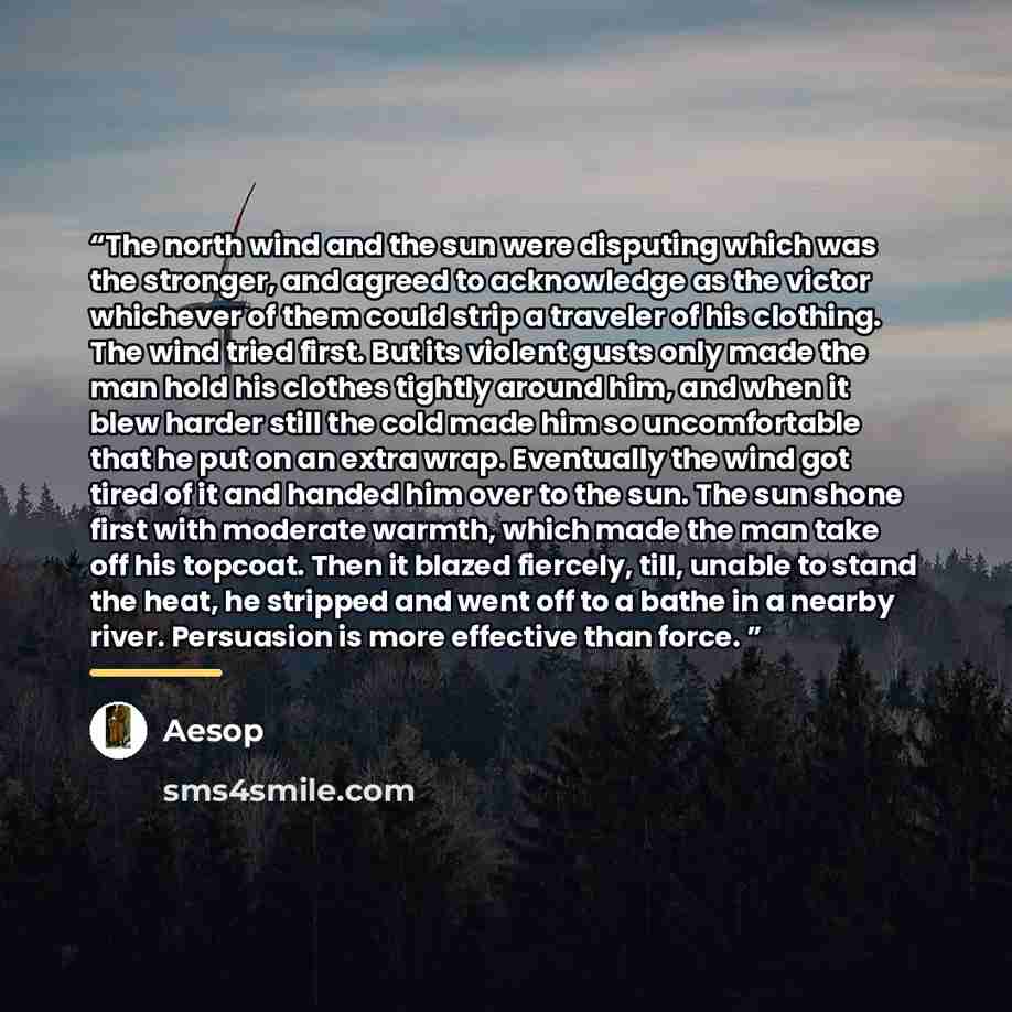 “The north wind and the sun were disputing which was the stronger, and agreed to acknowledge as the victor whichever of them could strip a traveler of his clothing. The wind tried first. But its violent gusts only made the man hold his clothes tightly around him, and when it blew harder still the…” quote by Aesop