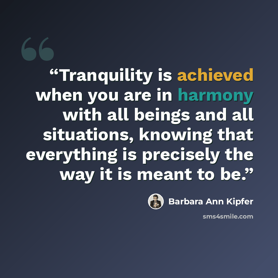 “Tranquility is achieved when you are in harmony with all beings and all situations, knowing that everything is precisely the way it is meant to be.” quote by Barbara Ann Kipfer