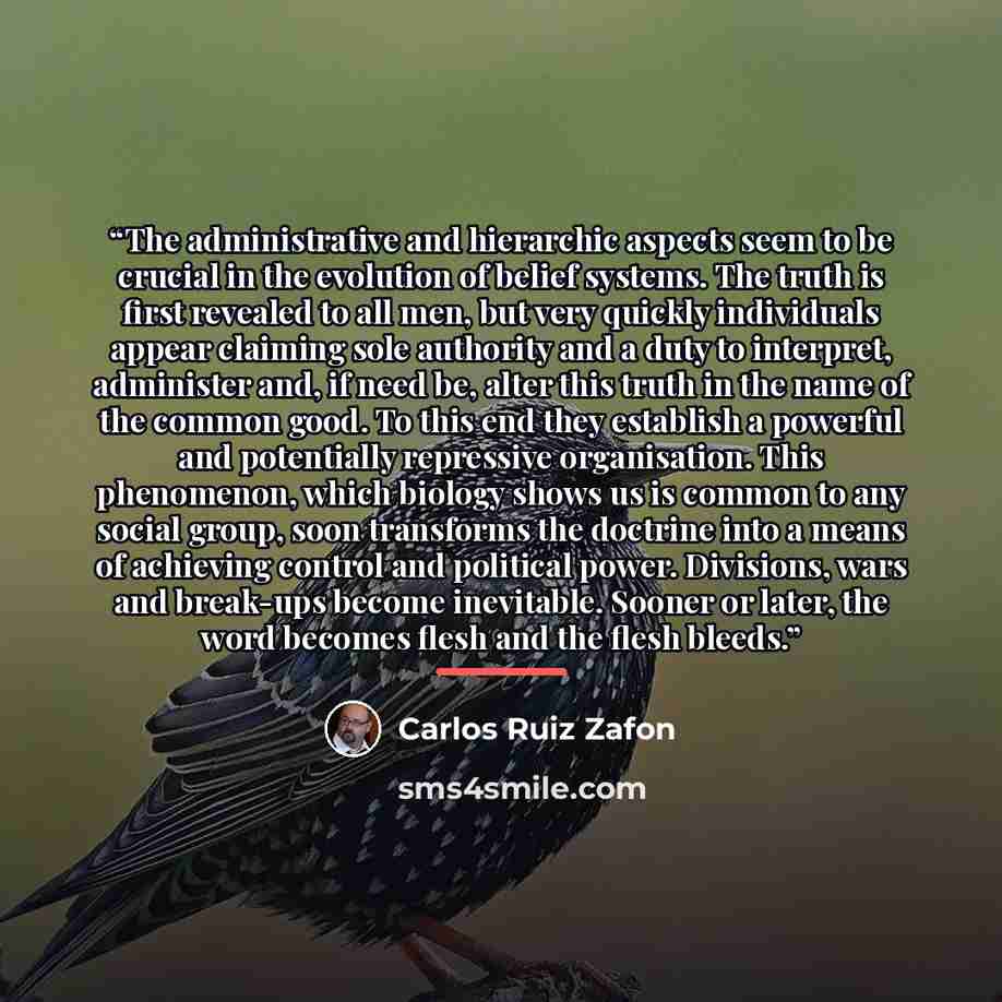 “The administrative and hierarchic aspects seem to be crucial in the evolution of belief systems. The truth is first revealed to all men, but very quickly individuals appear claiming sole authority and a duty to interpret, administer and, if need be, alter this truth in the name of the common good…” quote by Carlos Ruiz Zafón