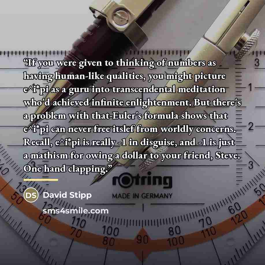 “If you were given to thinking of numbers as having human-like qualities, you might picture e^i*pi as a guru into transcendental meditation who'd achieved infinite enlightenment. But there's a problem with that-Euler's formula shows that e^i*pi can never free itslef from worldly concerns. Recall…” quote by David Stipp