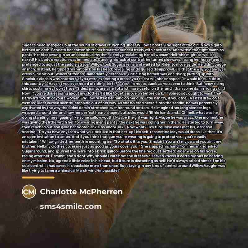 “Rider's head snapped up at the sound of gravel crunching under Willow's boots. The sight of the girl in boy's garb birthed an oath. Beneath her cotton shirt, her breasts bounced freely with each step. And within the tight mannish pants, her hips swung in an unconscious rhythm, clearly proclaiming…” quote by Charlotte McPherren