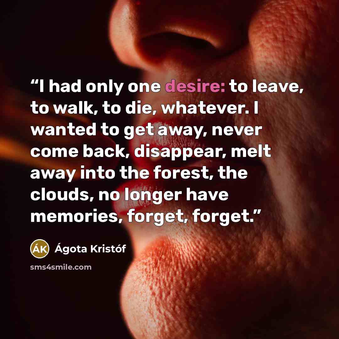 “I had only one desire: to leave, to walk, to die, whatever. I wanted to get away, never come back, disappear, melt away into the forest, the clouds, no longer have memories, forget, forget.” quote by Ágota Kristof
