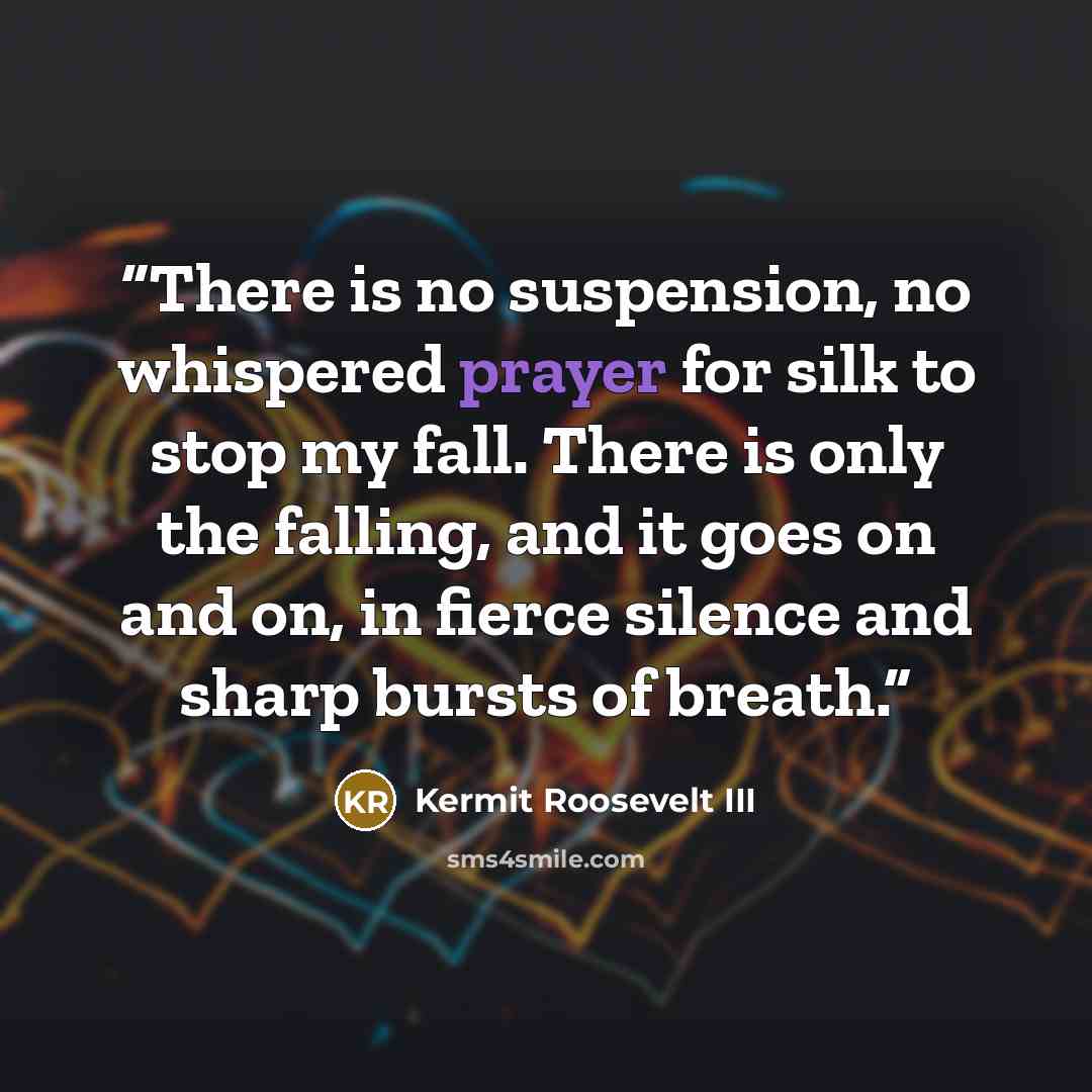 “There is no suspension, no whispered prayer for silk to stop my fall. There is only the falling, and it goes on and on, in fierce silence and sharp bursts of breath.” quote by Kermit Roosevelt III