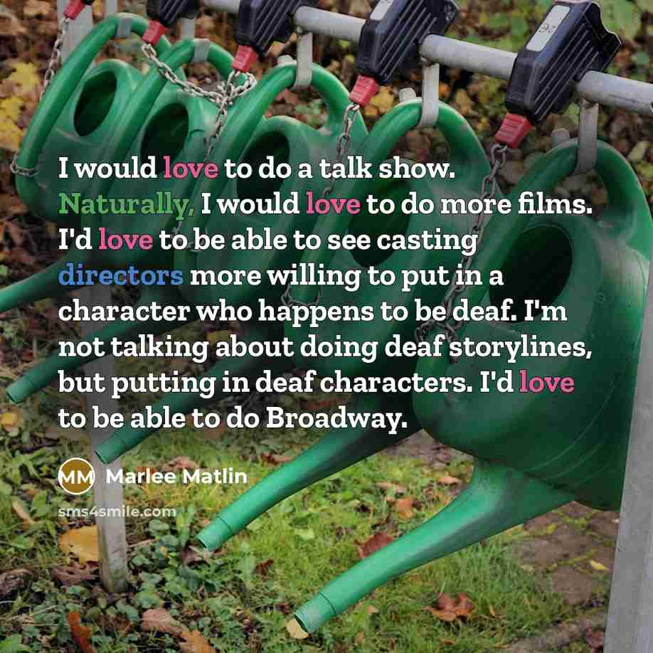 “I would love to do a talk show. Naturally, I would love to do more films. I'd love to be able to see casting directors more willing to put in a character who happens to be deaf. I'm not talking about doing deaf storylines, but putting in deaf characters. I'd love to be able to do Broadway.” quote by Marlee Matlin