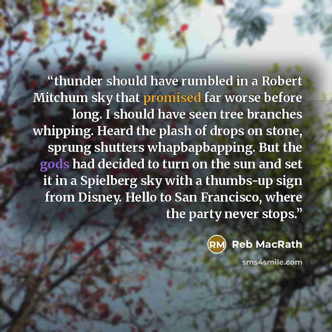 “thunder should have rumbled in a Robert Mitchum sky that promised far worse before long. I should have seen tree branches whipping. Heard the plash of drops on stone, sprung shutters whapbapbapping. But the gods had decided to turn on the sun and set it in a Spielberg sky with a thumbs-up sign…” quote by Reb MacRath