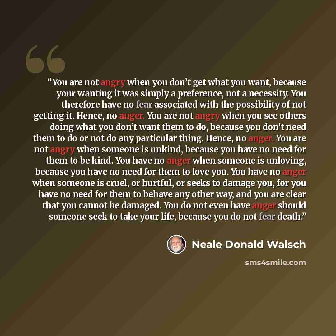 “You are not angry when you don’t get what you want, because your wanting it was simply a preference, not a necessity. You therefore have no fear associated with the possibility of not getting it. Hence, no anger. You are not angry when you see others doing what you don’t want them to do, because…” quote by Neale Donald Walsch