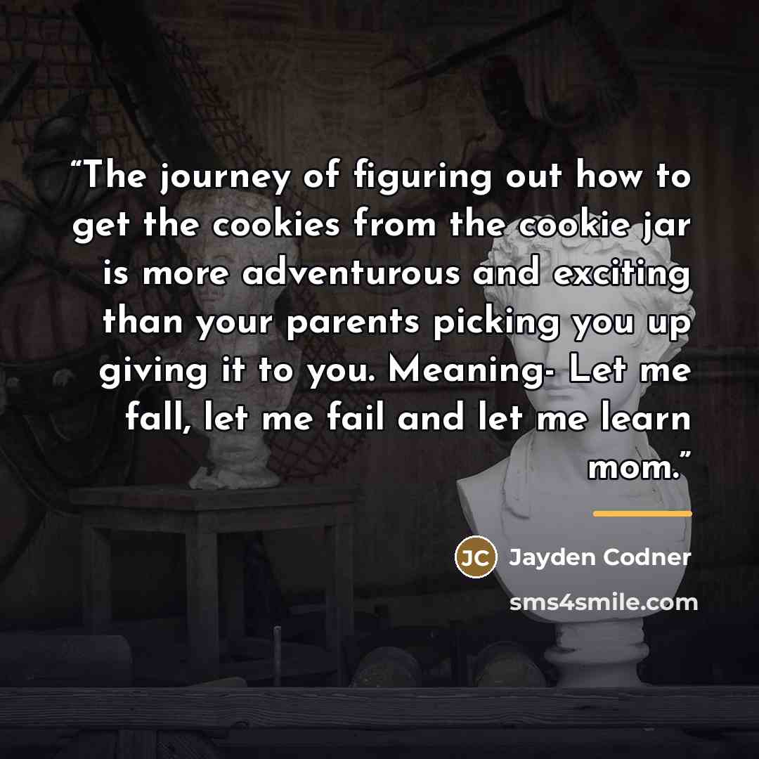“The journey of figuring out how to get the cookies from the cookie jar is more adventurous and exciting than your parents picking you up giving it to you. Meaning- Let me fall, let me fail and let me learn mom.” quote by Jayden Codner