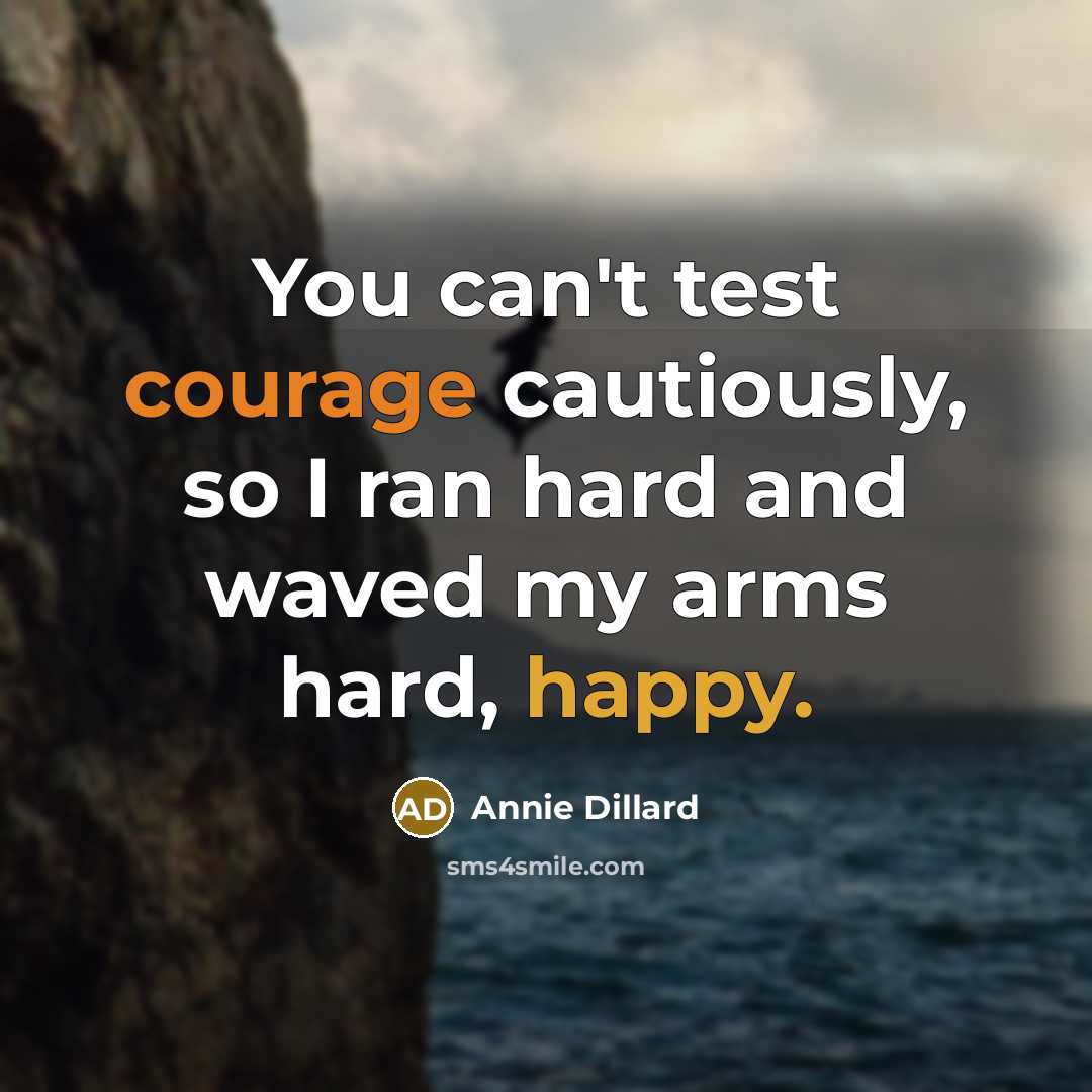 “You can't test courage cautiously, so I ran hard and waved my arms hard, happy.” quote by Annie Dillard