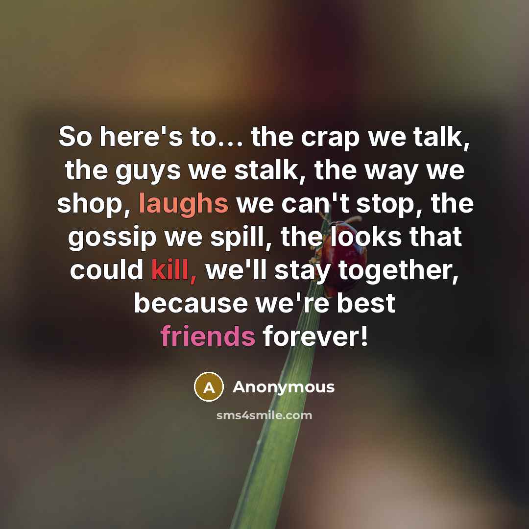 “So here's to... the crap we talk, the guys we stalk, the way we shop, laughs we can't stop, the gossip we spill, the looks that could kill, we'll stay together, because we're best friends forever!” quote by Anonymous
