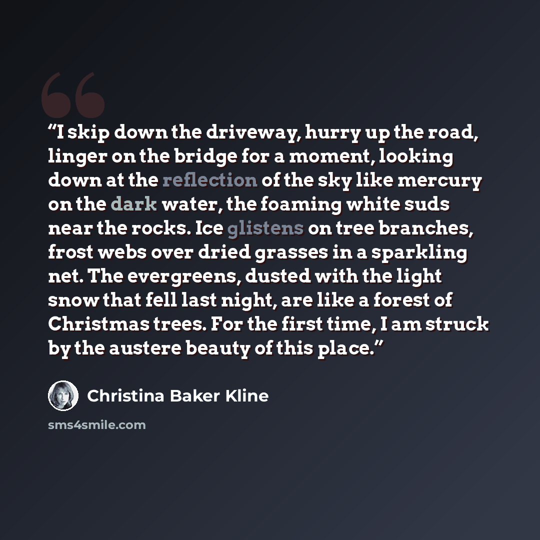“I skip down the driveway, hurry up the road, linger on the bridge for a moment, looking down at the reflection of the sky like mercury on the dark water, the foaming white suds near the rocks. Ice glistens on tree branches, frost webs over dried grasses in a sparkling net. The evergreens, dusted…” quote by Christina Baker Kline
