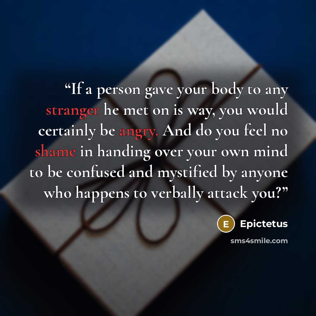 “If a person gave your body to any stranger he met on is way, you would certainly be angry. And do you feel no shame in handing over your own mind to be confused and mystified by anyone who happens to verbally attack you?” quote by Epictetus