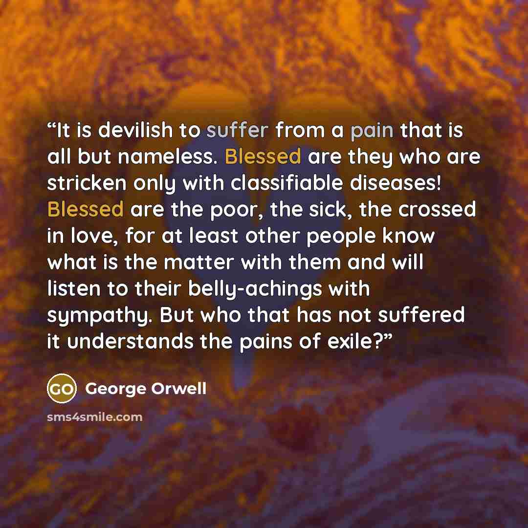 “It is devilish to suffer from a pain that is all but nameless. Blessed are they who are stricken only with classifiable diseases! Blessed are the poor, the sick, the crossed in love, for at least other people know what is the matter with them and will listen to their belly-achings with sympathy…” quote by George Orwell