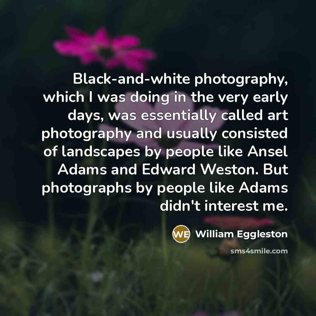 “Black-and-white photography, which I was doing in the very early days, was essentially called art photography and usually consisted of landscapes by people like Ansel Adams and Edward Weston. But photographs by people like Adams didn't interest me.” quote by William Eggleston