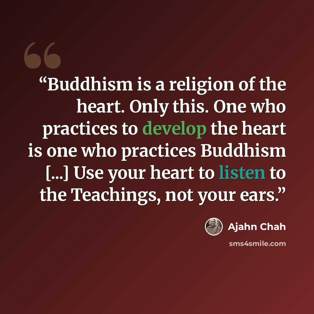 “Buddhism is a religion of the heart. Only this. One who practices to develop the heart is one who practices Buddhism [...] Use your heart to listen to the Teachings, not your ears.” quote by Ajahn Chah