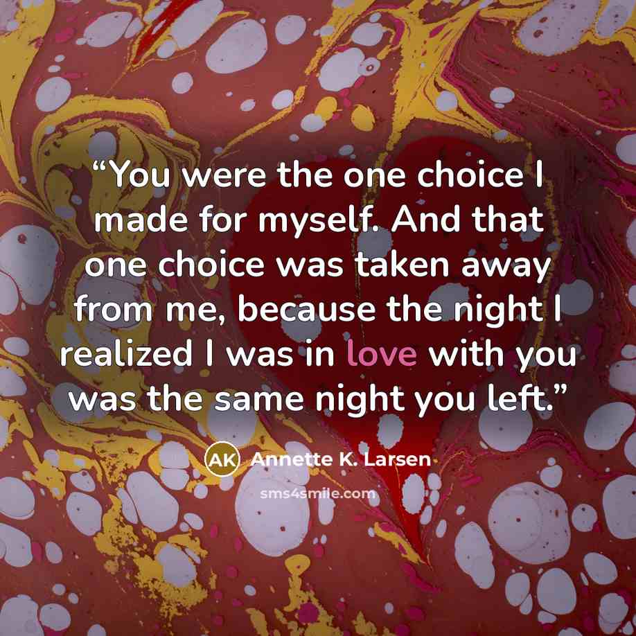 “You were the one choice I made for myself. And that one choice was taken away from me, because the night I realized I was in love with you was the same night you left.” quote by Annette K. Larsen