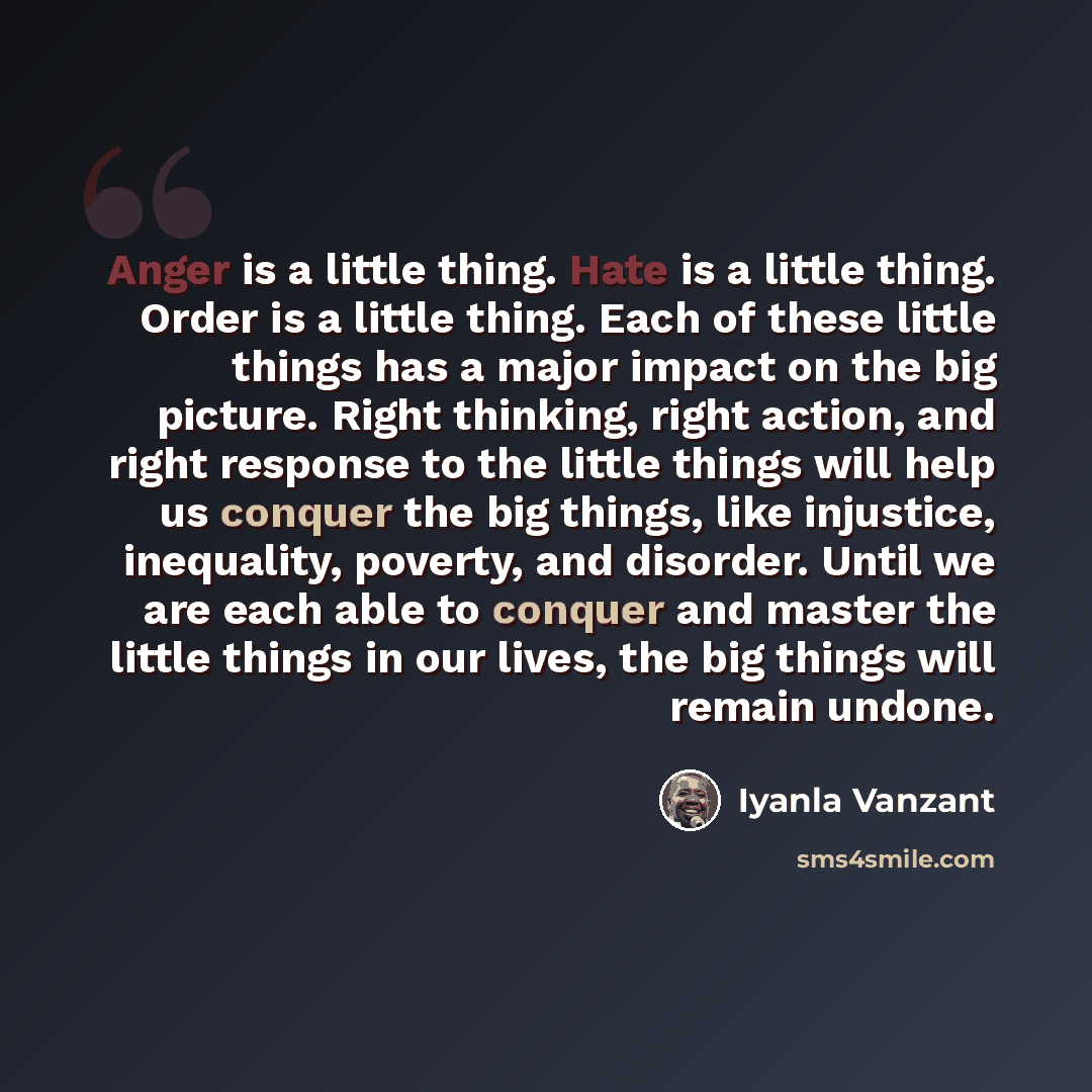 “Anger is a little thing. Hate is a little thing. Order is a little thing. Each of these little things has a major impact on the big picture. Right thinking, right action, and right response to the little things will help us conquer the big things, like injustice, inequality, poverty, and disorder…” quote by Iyanla Vanzant